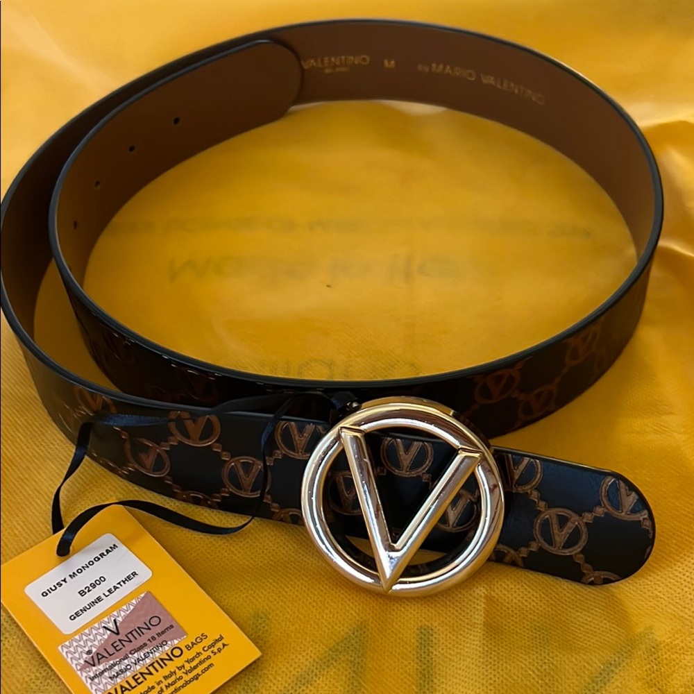 Authentic Valentino Black and Gold Belt with Signature V Buckle